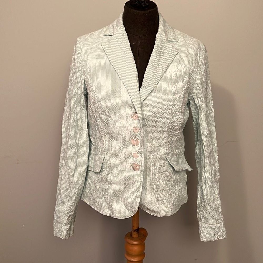 Mifresia Women's Sea foam Green and White Seersucker Blazer
